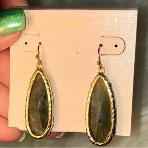 Green stone earrings oval shaped with gold colored hooks
